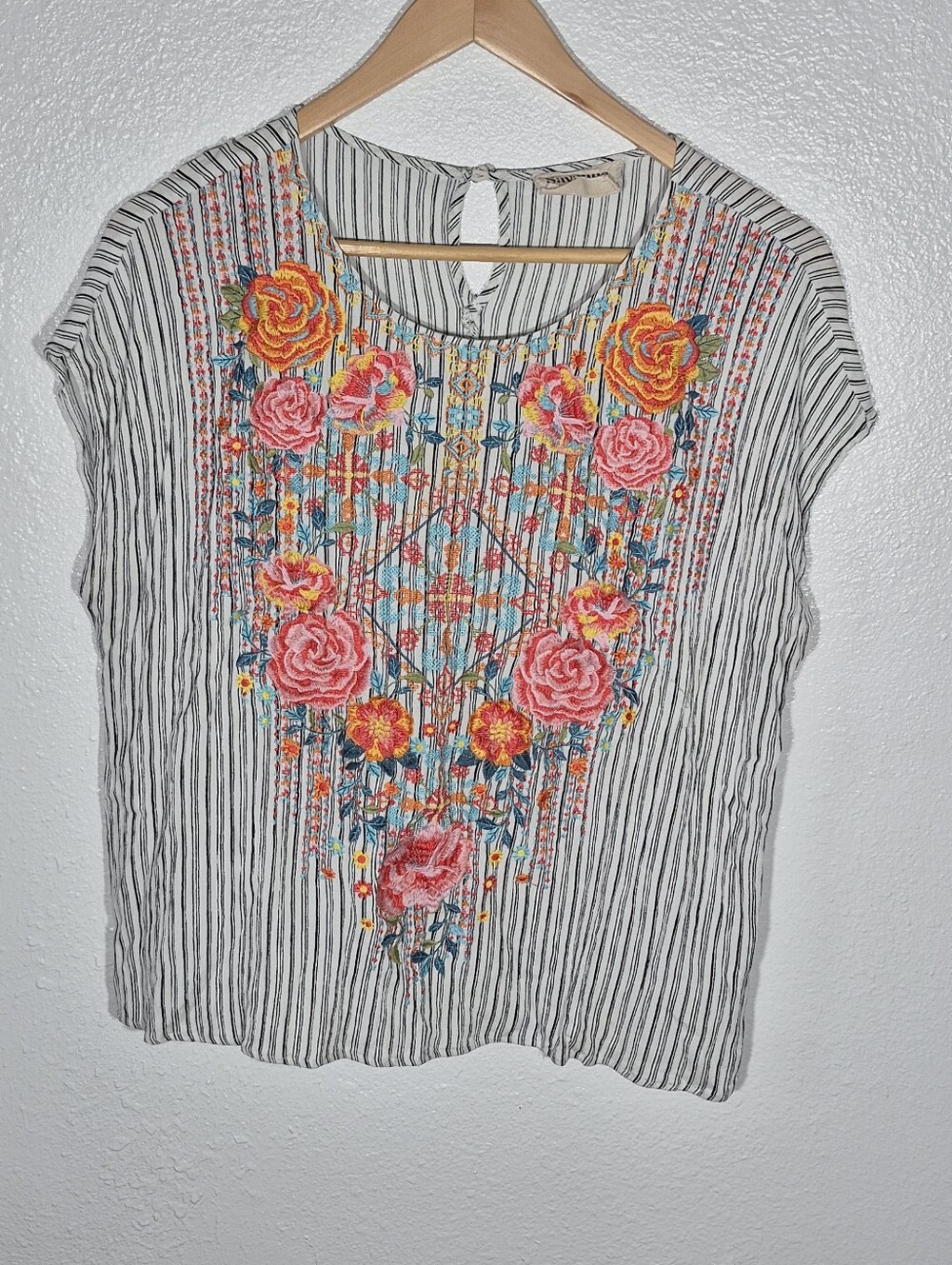 Savanna Jane Floral Striped Shirt 2X "Buy Your Side" Heavy Embroidered Tunic Top